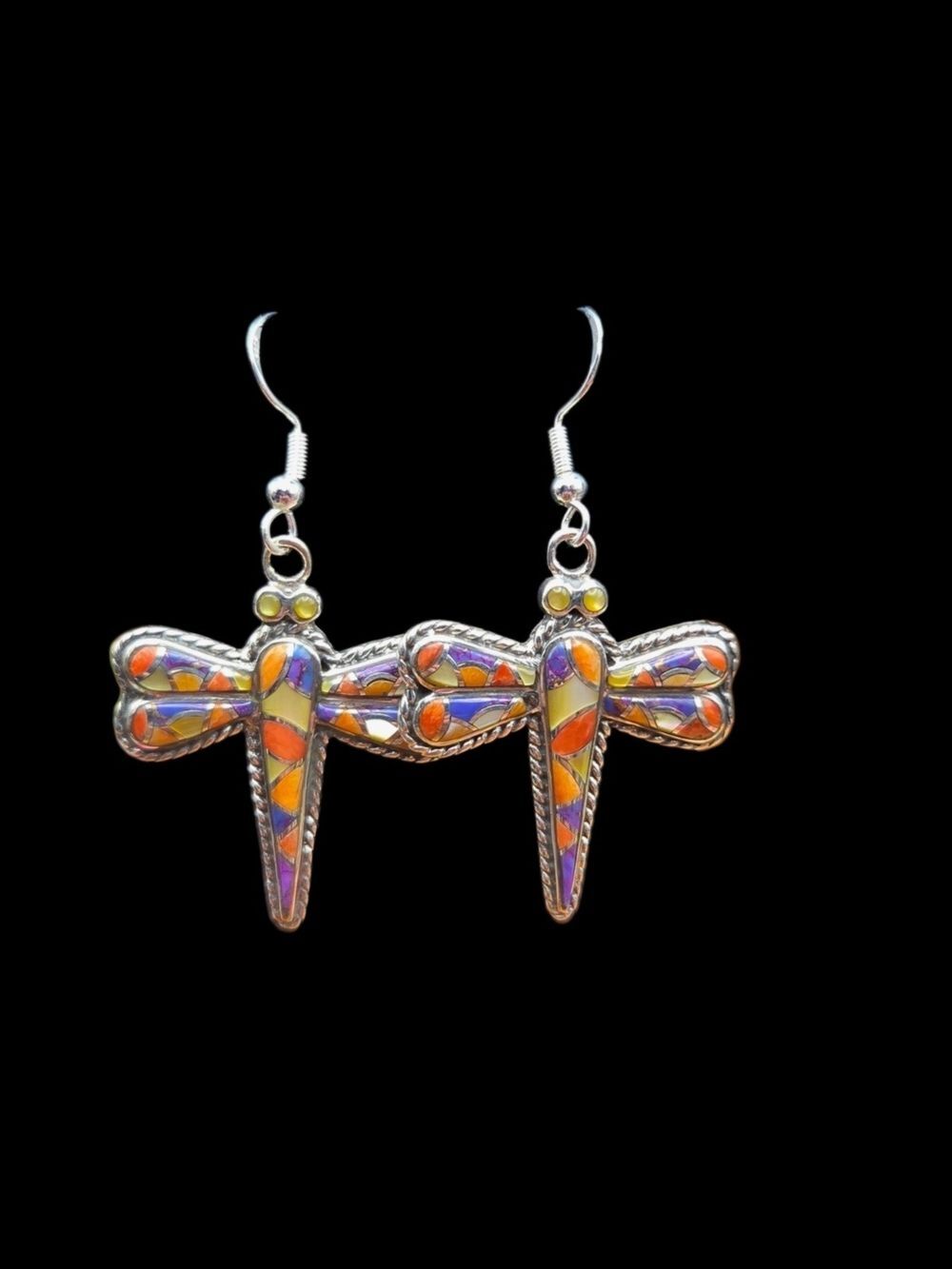 Sterling Silver Dragonfly Drop Earrings Mosaic Spiny Sugilite MOP Inlay